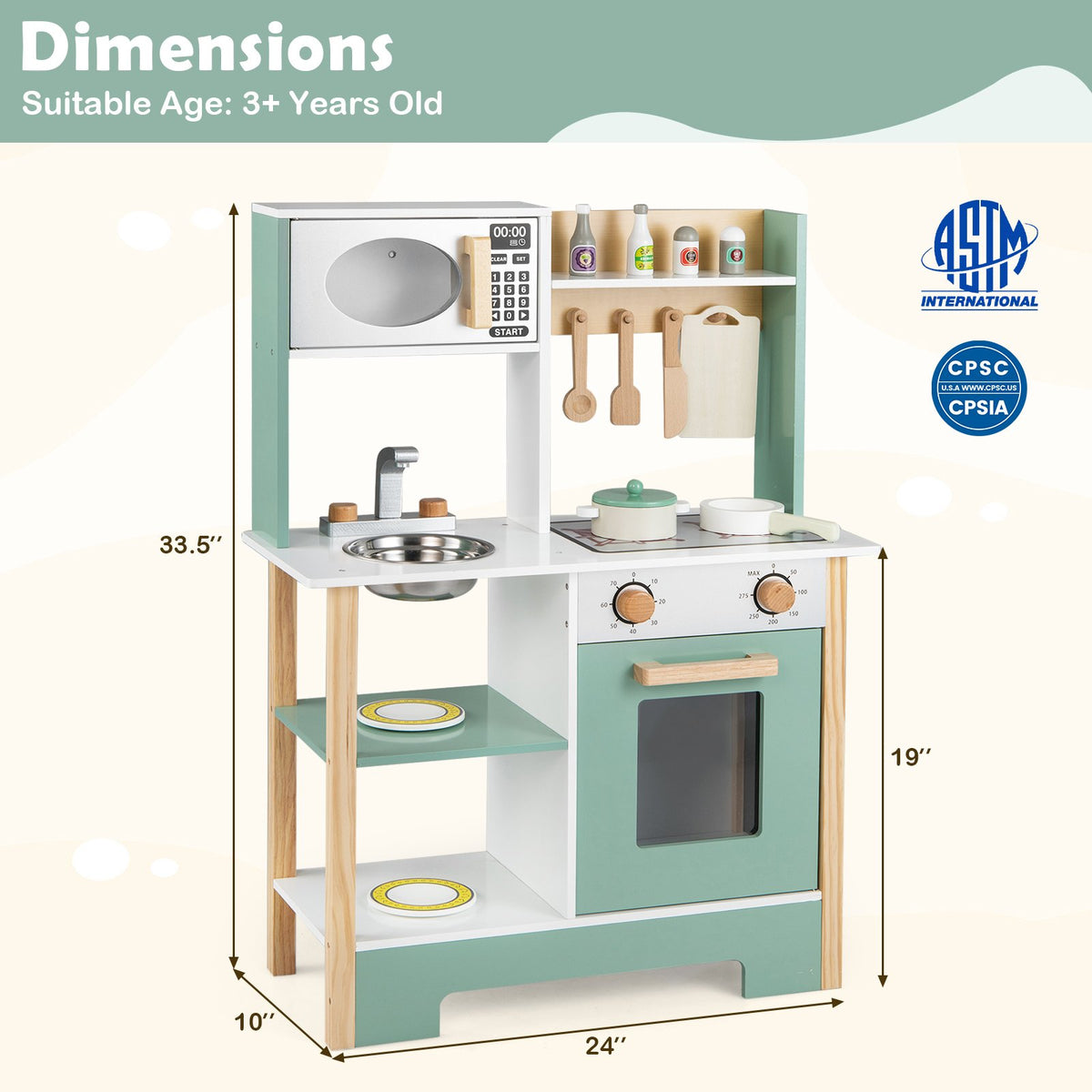 Play Kitchen Wooden Toy Kitchen Playset with Chalkboard Birthday Gift for Kids Aged 3 +-Green view 5
