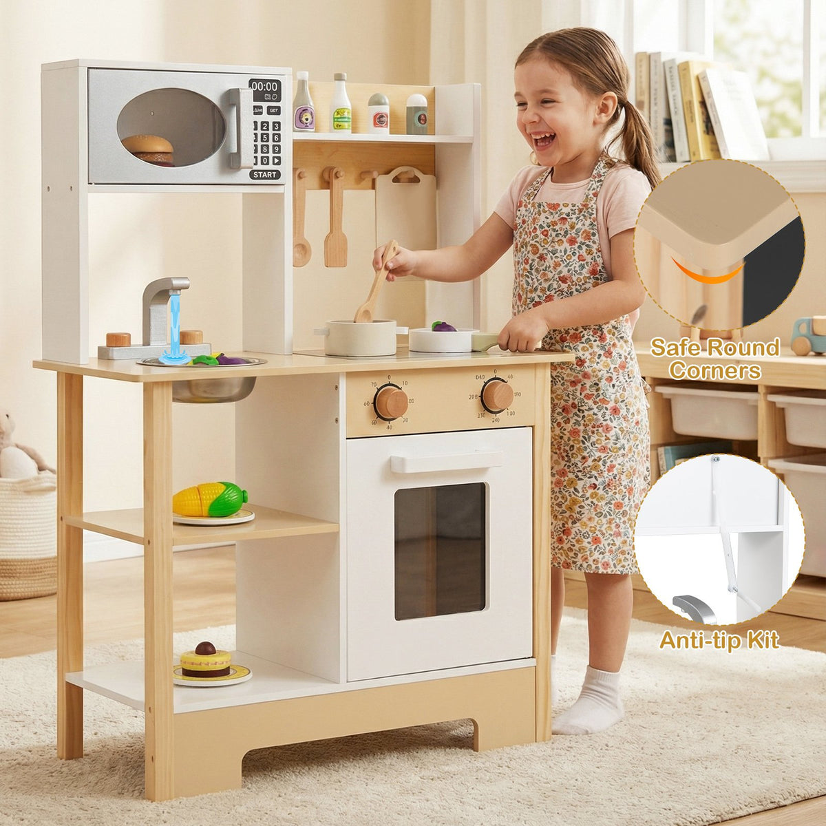 Play Kitchen Wooden Toy Kitchen Playset with Chalkboard Birthday Gift for Kids Aged 3 +-White view 3