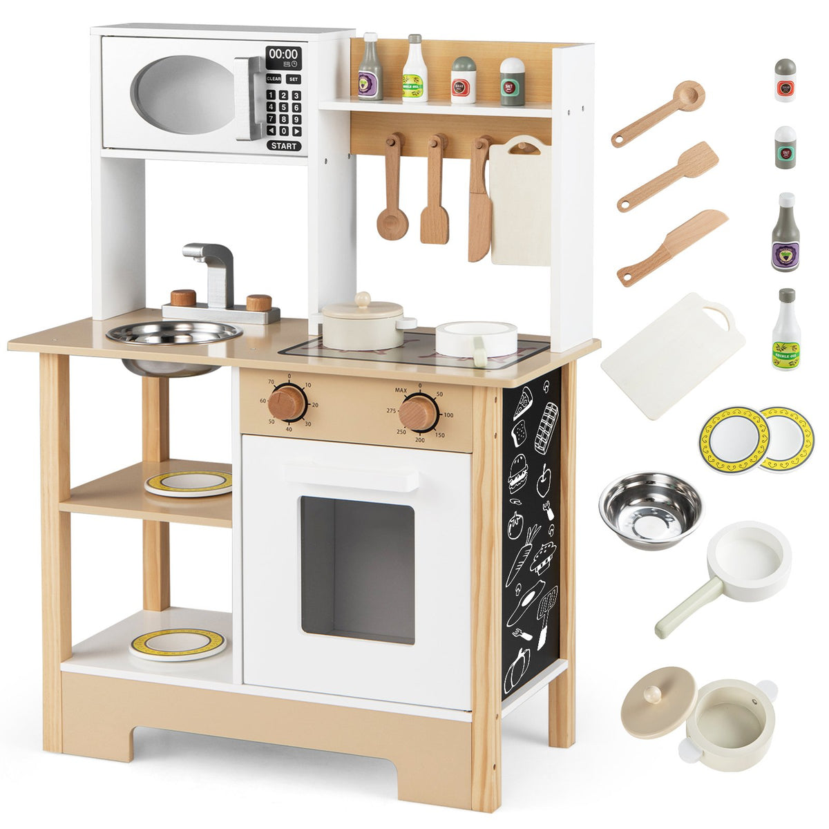 Play Kitchen Wooden Toy Kitchen Playset with Chalkboard Birthday Gift for Kids Aged 3 +-White view 4
