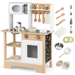 Play Kitchen Wooden Toy Kitchen Playset with Chalkboard Birthday Gift for Kids Aged 3 +-White view 4