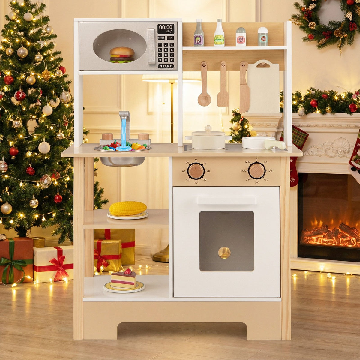 Play Kitchen Wooden Toy Kitchen Playset with Chalkboard Birthday Gift for Kids Aged 3 +-White view 7