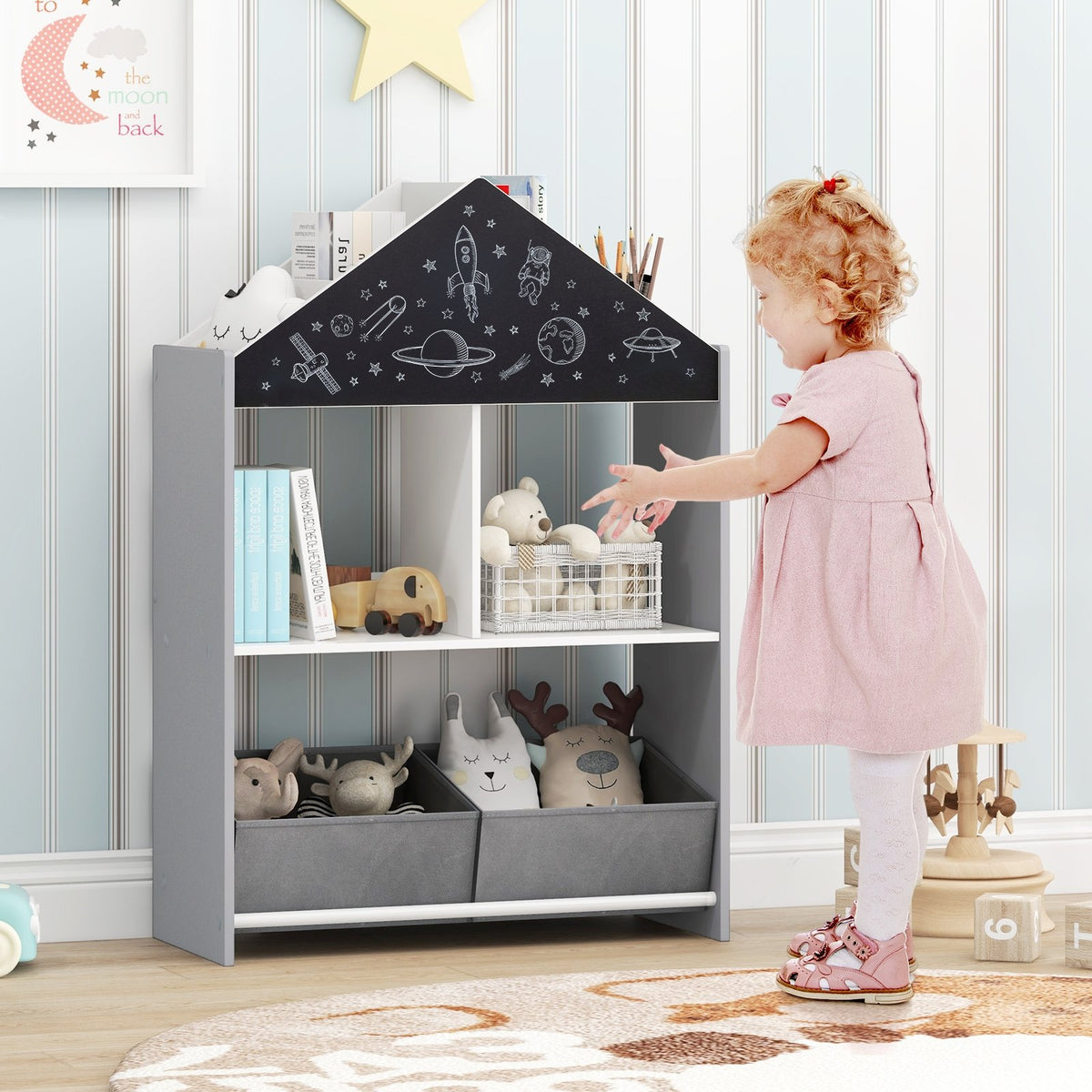 Playhouse Kids Bookshelf with Chalkboard and Whiteboard for 3-6 Years-Gray view 3