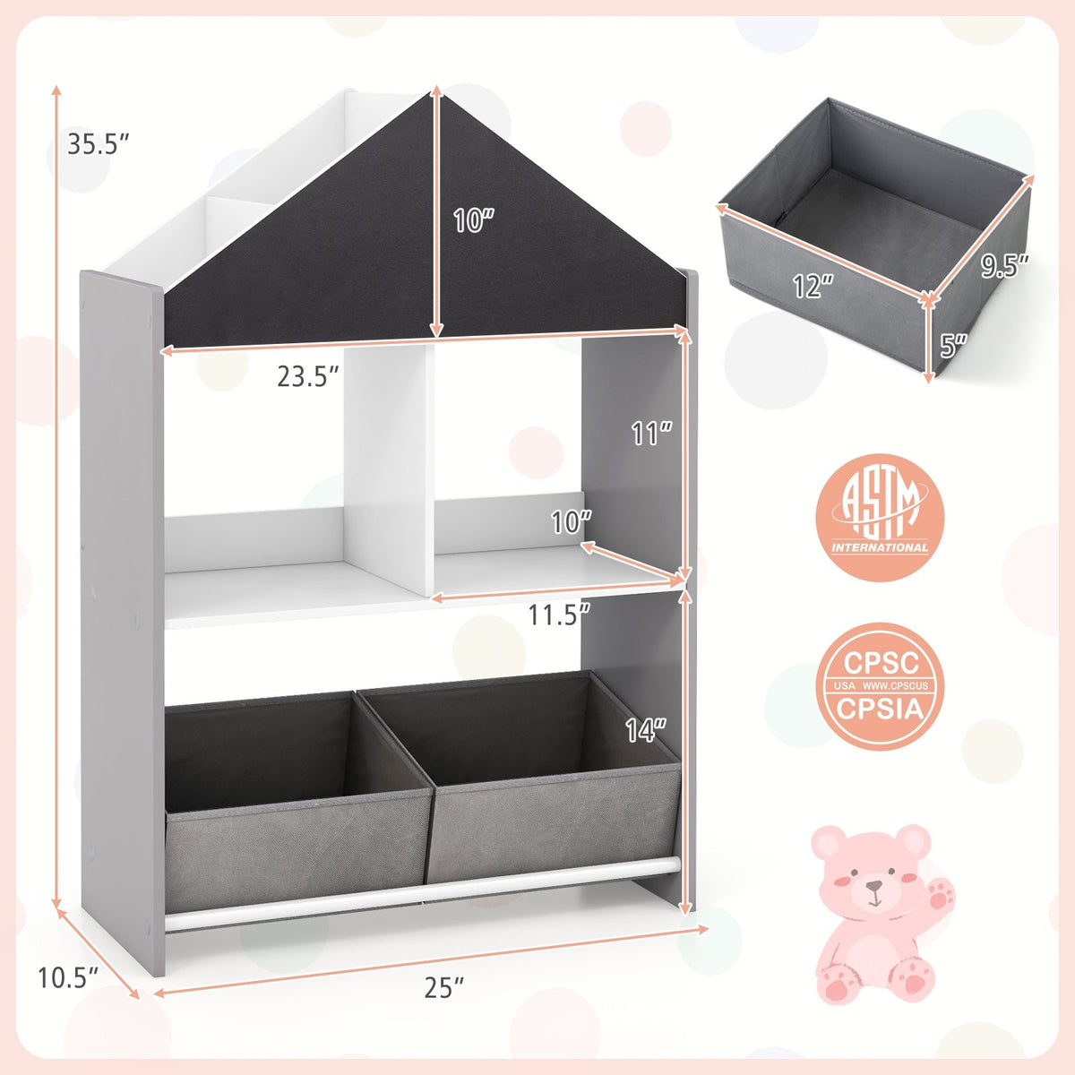 Playhouse Kids Bookshelf with Chalkboard and Whiteboard for 3-6 Years-Gray view 5