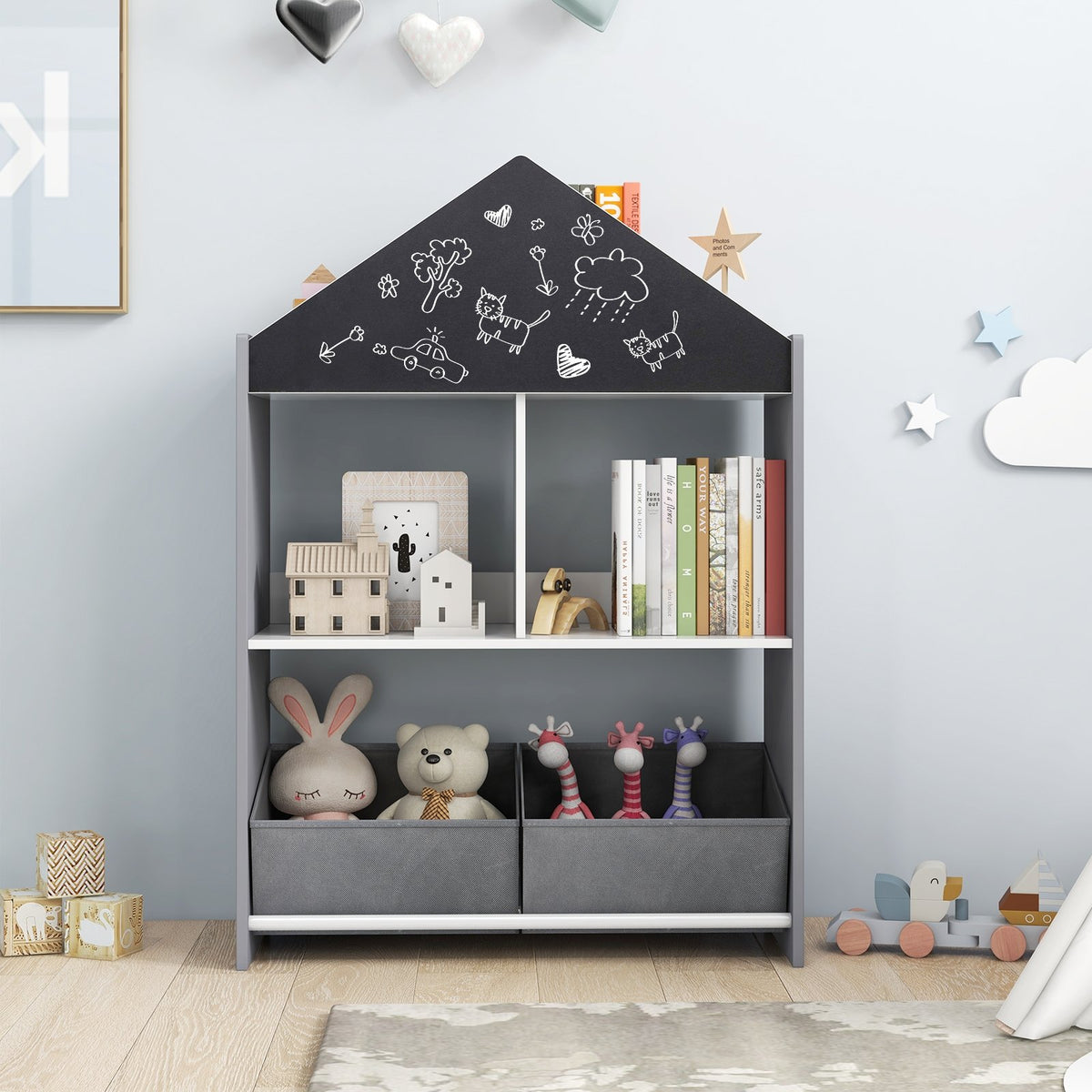 Playhouse Kids Bookshelf with Chalkboard and Whiteboard for 3-6 Years-Gray view 6