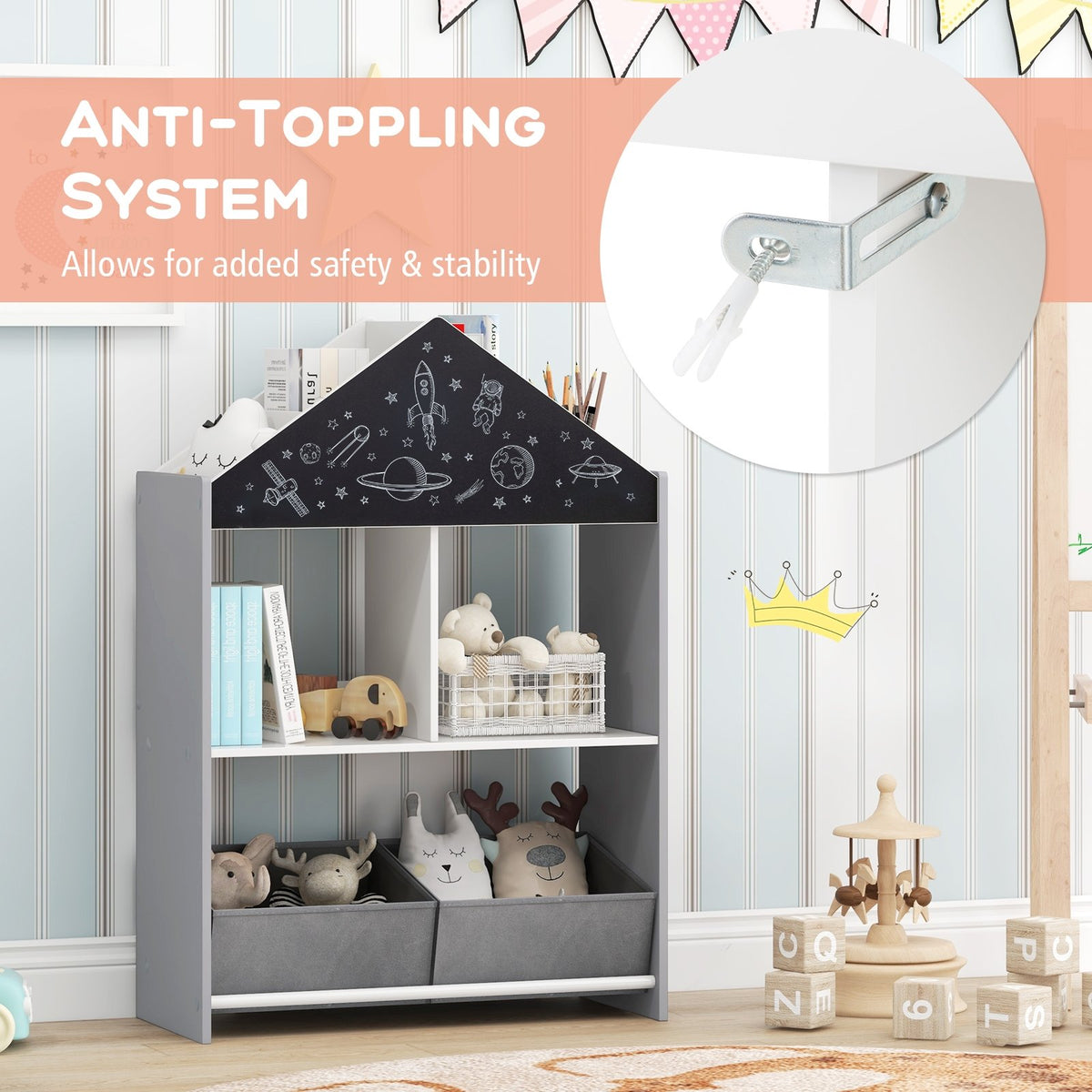Playhouse Kids Bookshelf with Chalkboard and Whiteboard for 3-6 Years-Gray view 8
