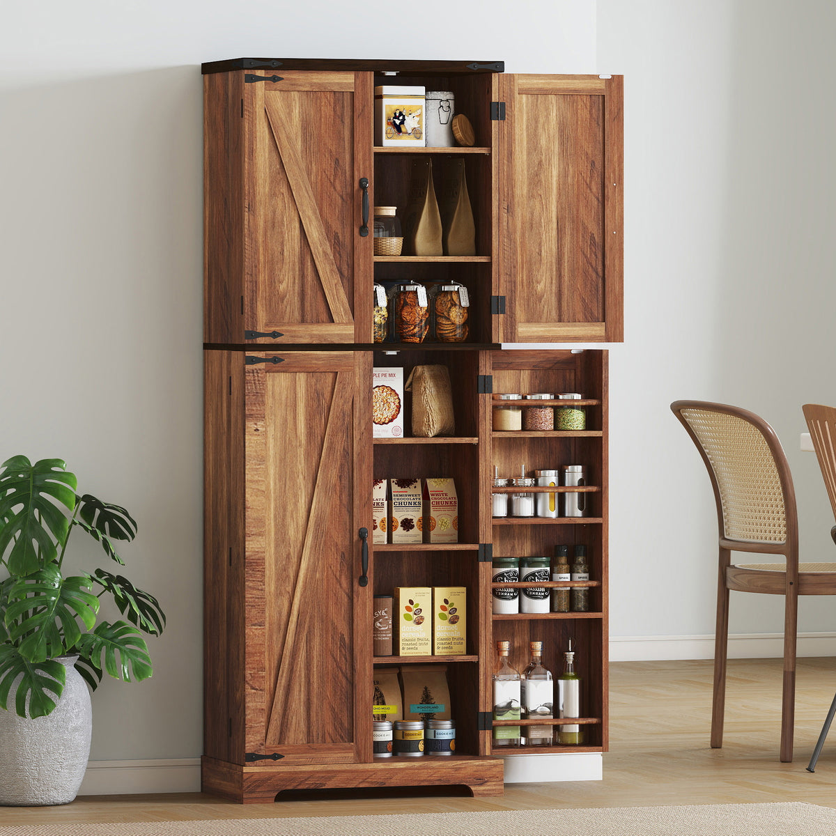 64" Tall Kitchen Pantry Cabinet with Spice Racks and Adjustable Shelves, Black Wood Grain