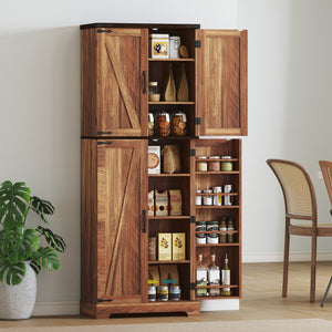 64" Tall Kitchen Pantry Cabinet with Spice Racks and Adjustable Shelves, Black Wood Grain