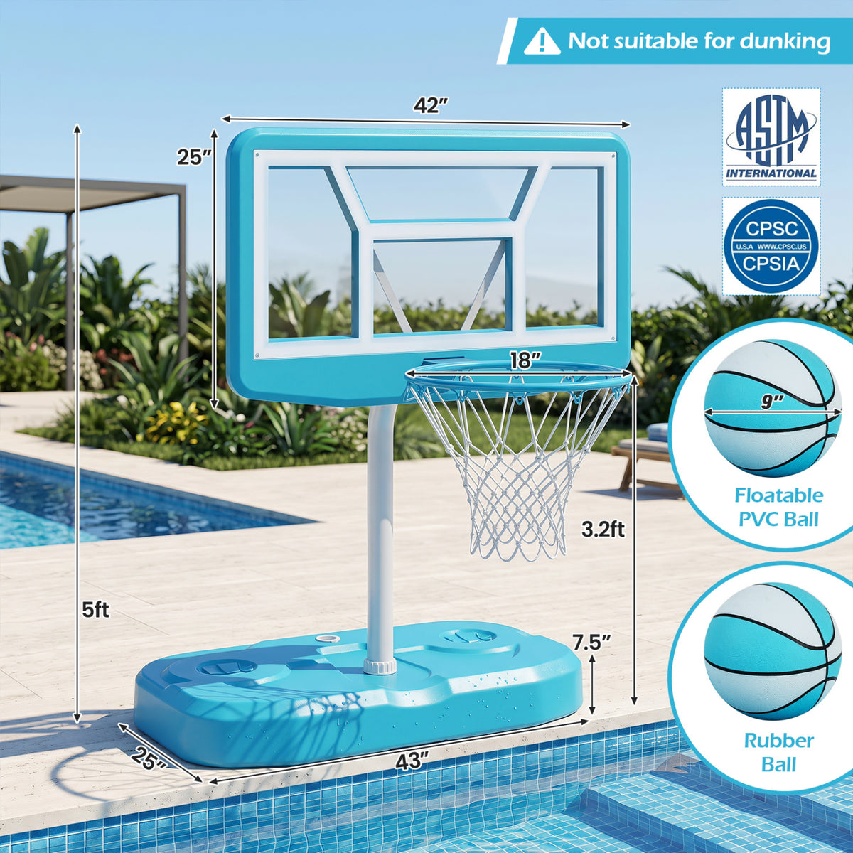 Pool Basketball Hoop Set with 2 Balls and Pump for Water Games-Blue view 5
