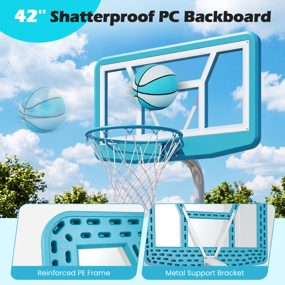 Pool Basketball Hoop Set with 2 Balls and Pump for Water Games-Blue view 6