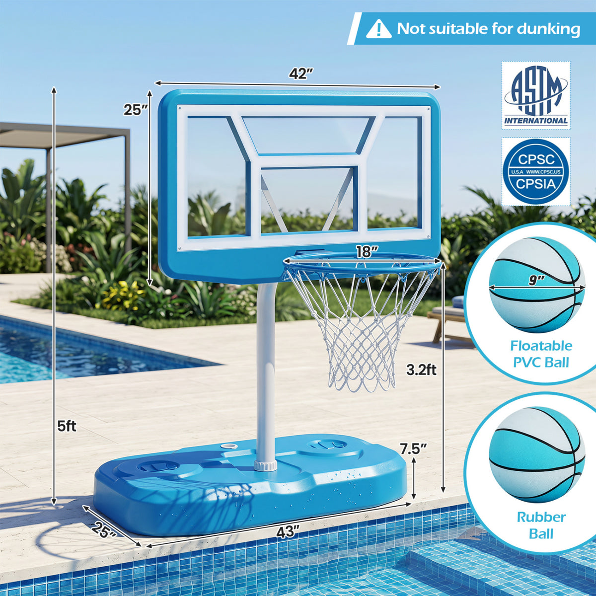 Pool Basketball Hoop Set with 2 Balls and Pump for Water Games-Light Blue view 5