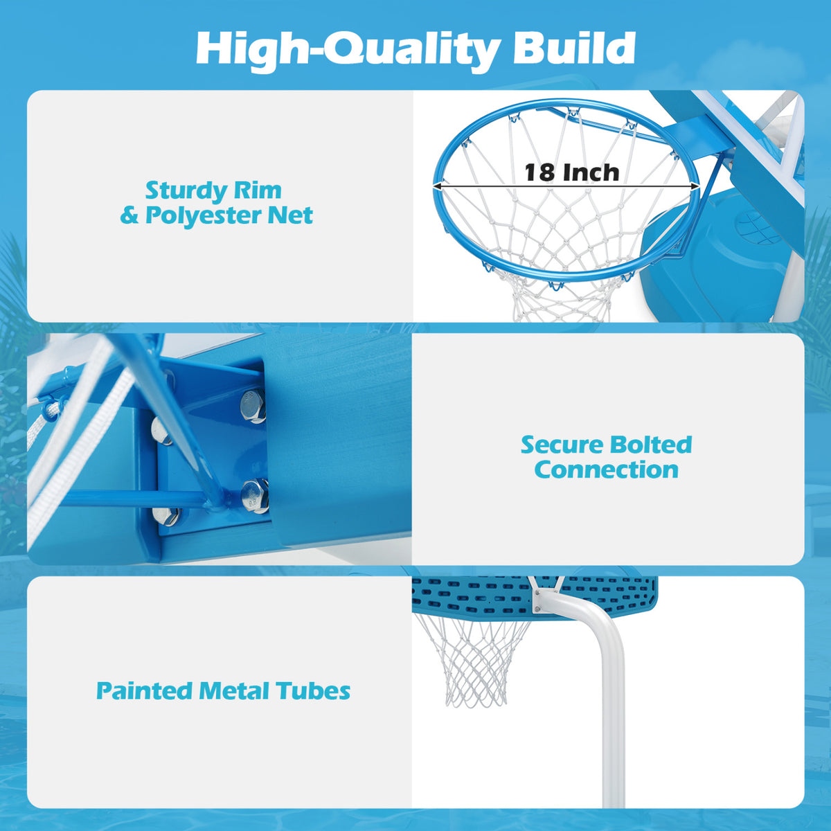 Pool Basketball Hoop Set with 2 Balls and Pump for Water Games-Light Blue view 8