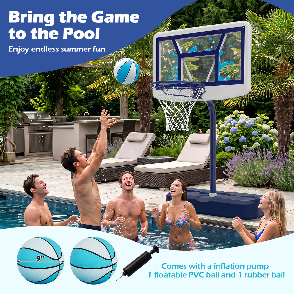 Pool Basketball Hoop Set with 2 Balls and Pump for Water Games-Navy view 9