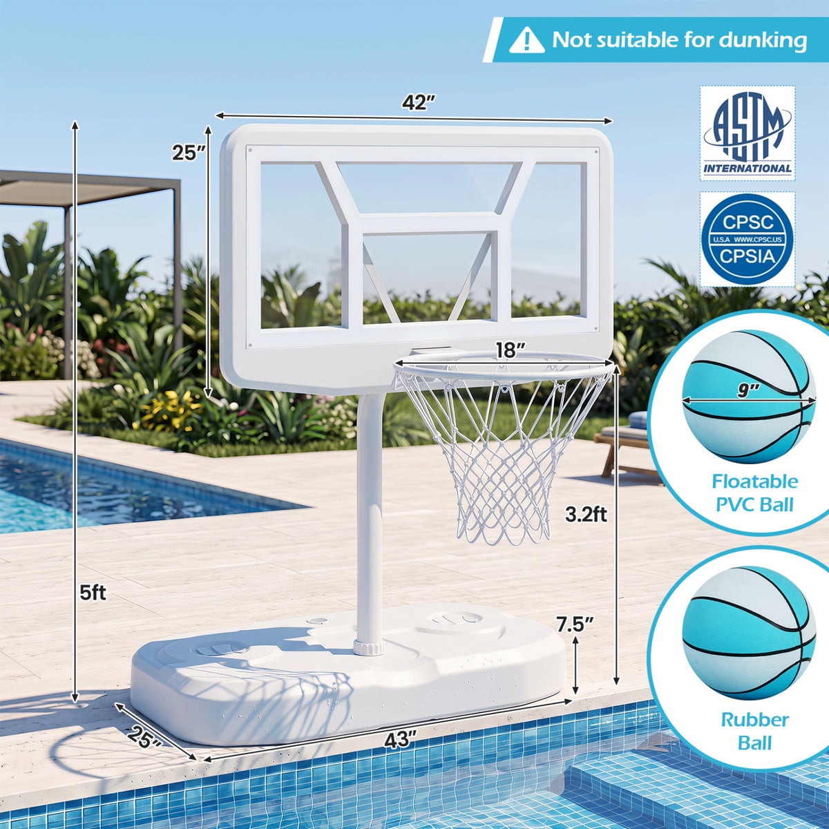 Pool Basketball Hoop Set with 2 Balls and Pump for Water Games-White view 5