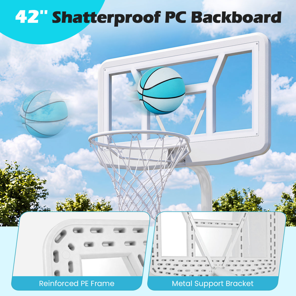 Pool Basketball Hoop Set with 2 Balls and Pump for Water Games-White view 6