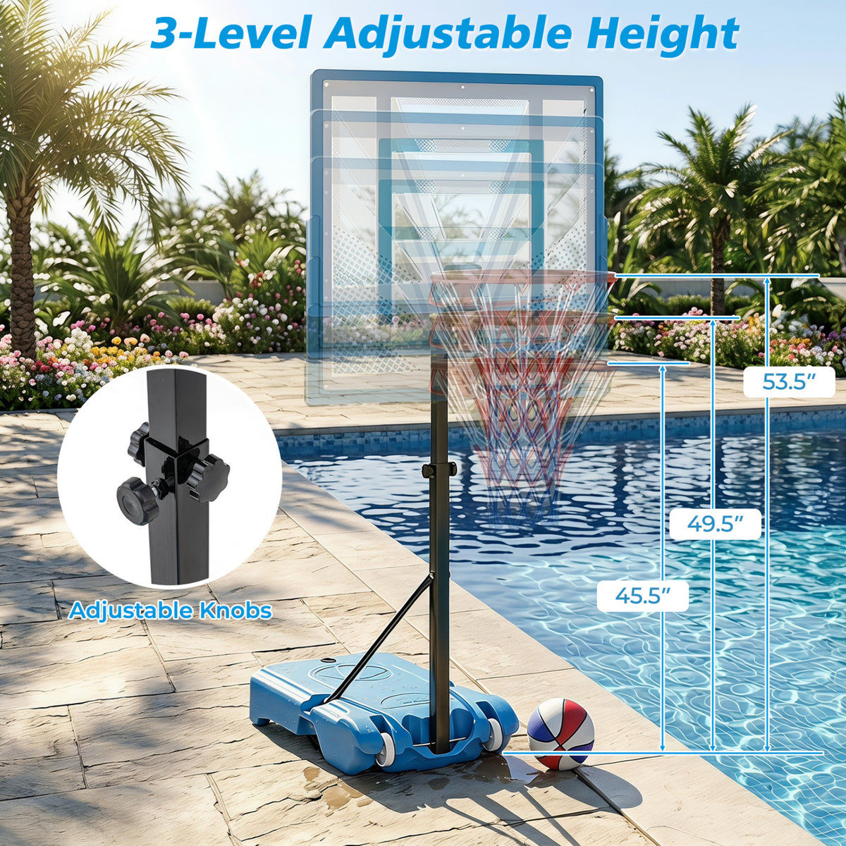 Pool Basketball Hoop with 3-Level Adjustable Height and Weighted Base view 7