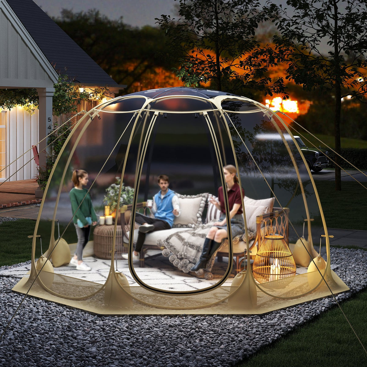 Pop Up Bubble Tent 630° Transparent PVC Igloo 8.5 x 8.5 FT Instant Setup Screen House for 5-6 People-Beige view 3