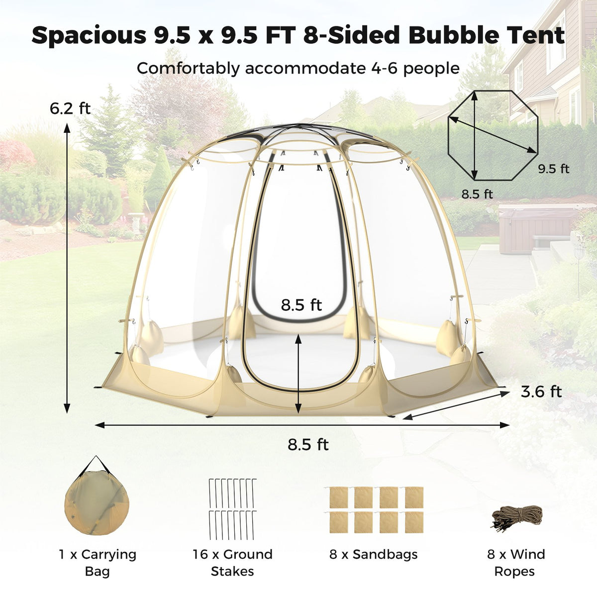 Pop Up Bubble Tent 630° Transparent PVC Igloo 8.5 x 8.5 FT Instant Setup Screen House for 5-6 People-Beige view 4