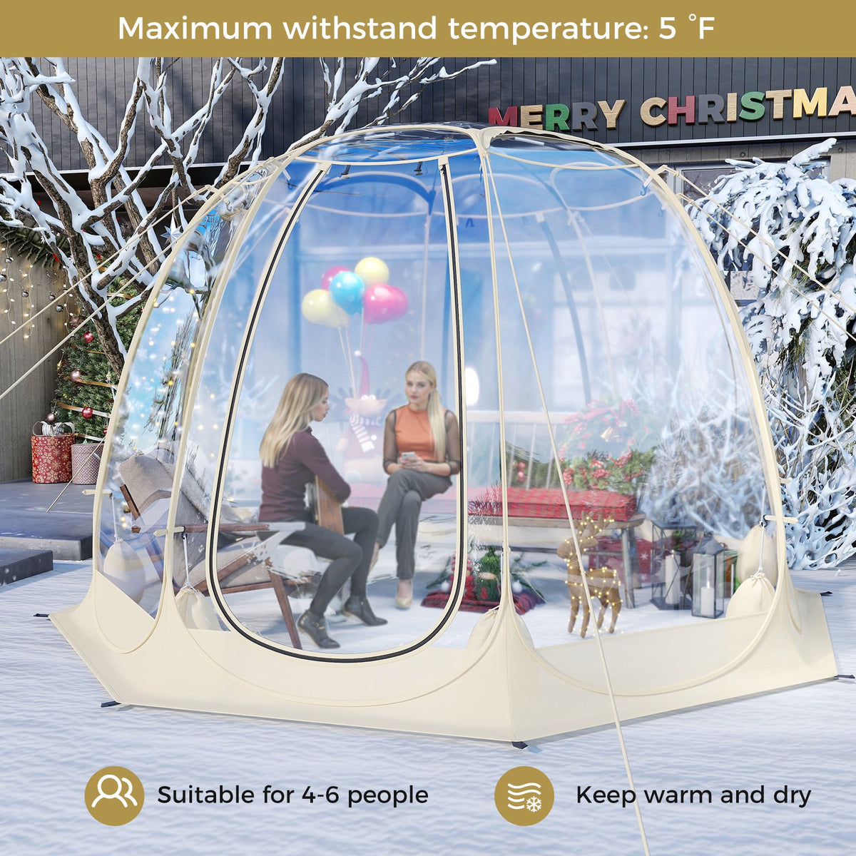 Pop Up Bubble Tent 630° Transparent PVC Igloo 8.5 x 8.5 FT Instant Setup Screen House for 5-6 People-Beige view 5