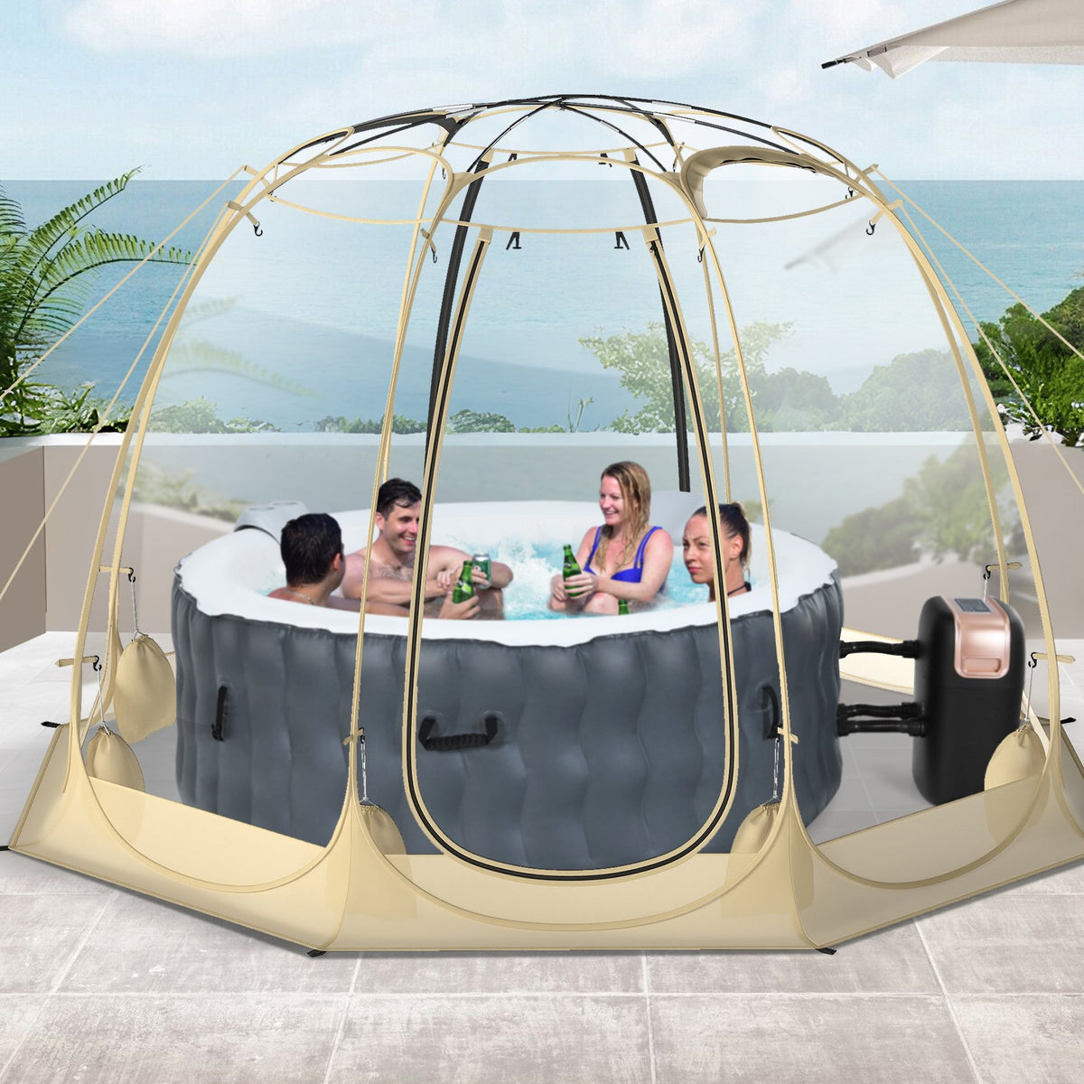 Pop Up Bubble Tent 630° Transparent PVC Igloo 8.5 x 8.5 FT Instant Setup Screen House for 5-6 People-Beige view 6