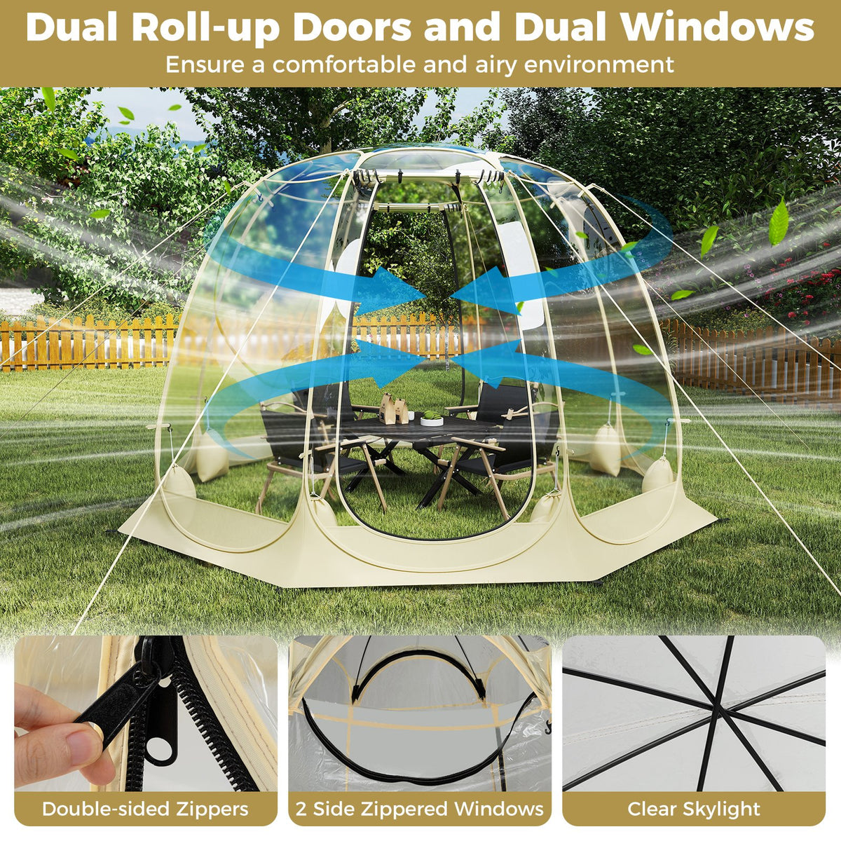 Pop Up Bubble Tent 630° Transparent PVC Igloo 8.5 x 8.5 FT Instant Setup Screen House for 5-6 People-Beige view 9