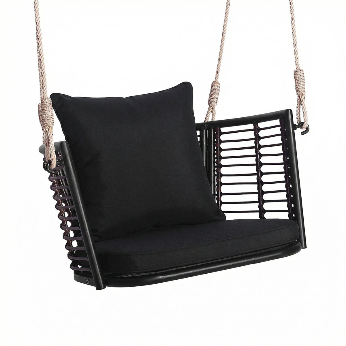 Porch Swing Patio Hanging Rattan Chair with Zippered Cushions and Rope-Black view 4