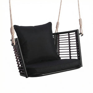 Porch Swing Patio Hanging Rattan Chair with Zippered Cushions and Rope-Black view 4