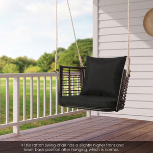 Porch Swing Patio Hanging Rattan Chair with Zippered Cushions and Rope-Black view 6