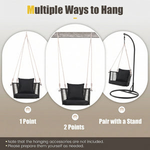 Porch Swing Patio Hanging Rattan Chair with Zippered Cushions and Rope-Black view 7