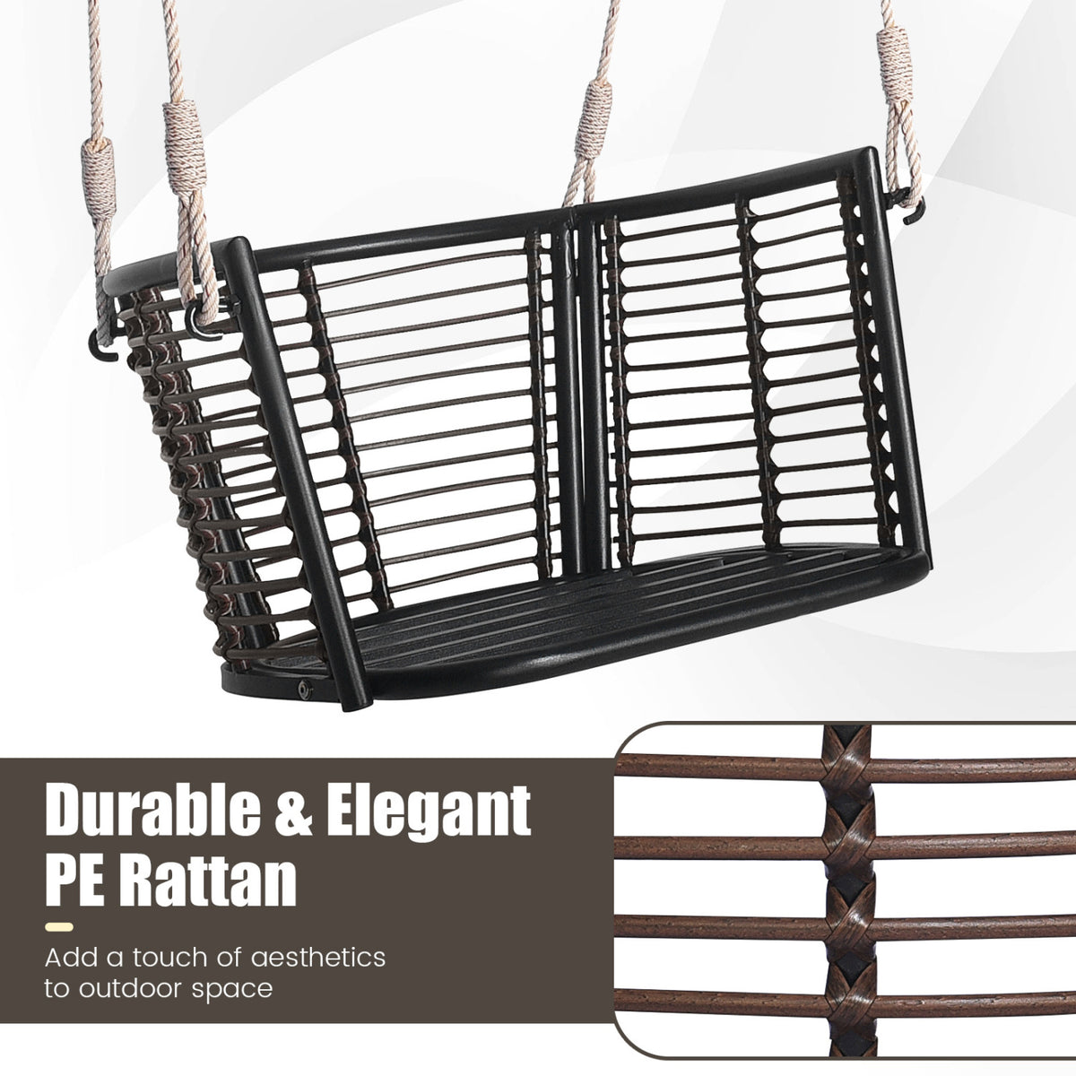 Porch Swing Patio Hanging Rattan Chair with Zippered Cushions and Rope-Black view 8