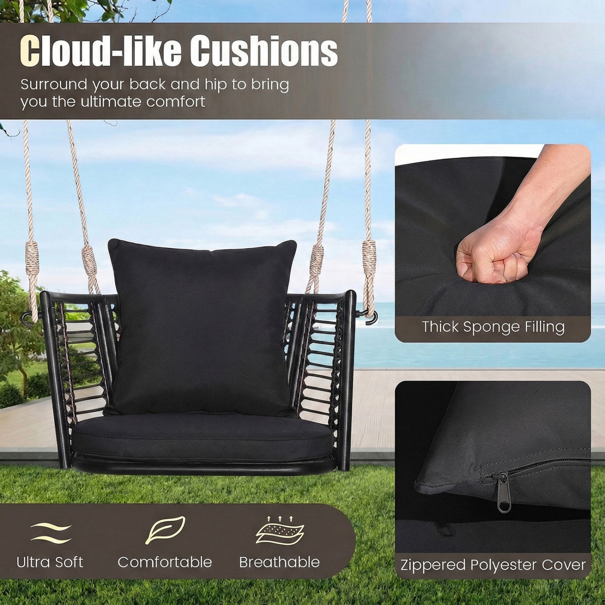 Porch Swing Patio Hanging Rattan Chair with Zippered Cushions and Rope-Black view 9
