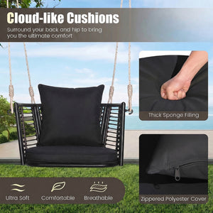 Porch Swing Patio Hanging Rattan Chair with Zippered Cushions and Rope-Black view 9