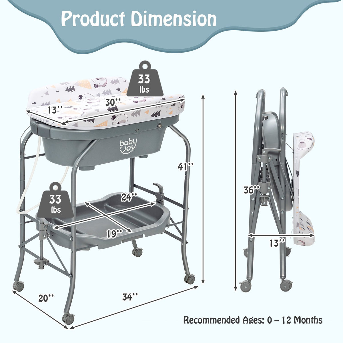 Portable Baby Changing Table with Storage Basket and Shelves-Gray view 5