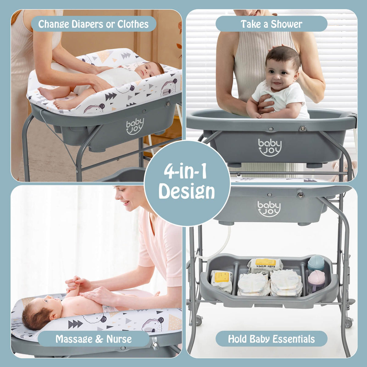 Portable Baby Changing Table with Storage Basket and Shelves-Gray view 9