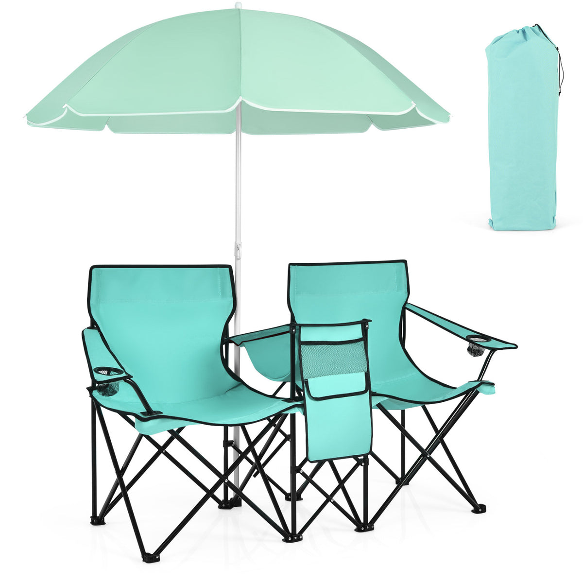 Portable Folding Picnic Double Chair With Removable Umbrella-Mint Green