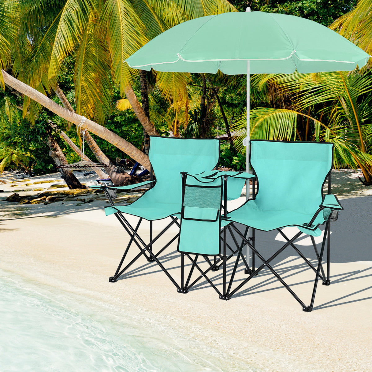Portable Folding Picnic Double Chair With Removable Umbrella-Mint Green view 3