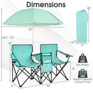 Portable Folding Picnic Double Chair With Removable Umbrella-Mint Green view 4