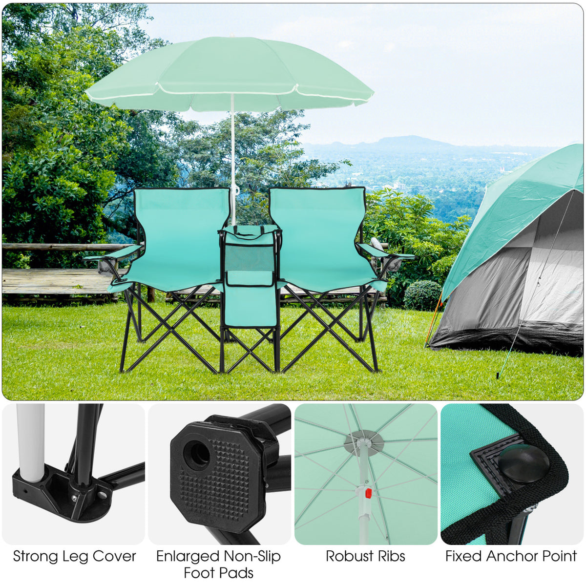 Portable Folding Picnic Double Chair With Removable Umbrella-Mint Green view 5