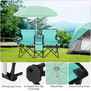 Portable Folding Picnic Double Chair With Removable Umbrella-Mint Green view 5