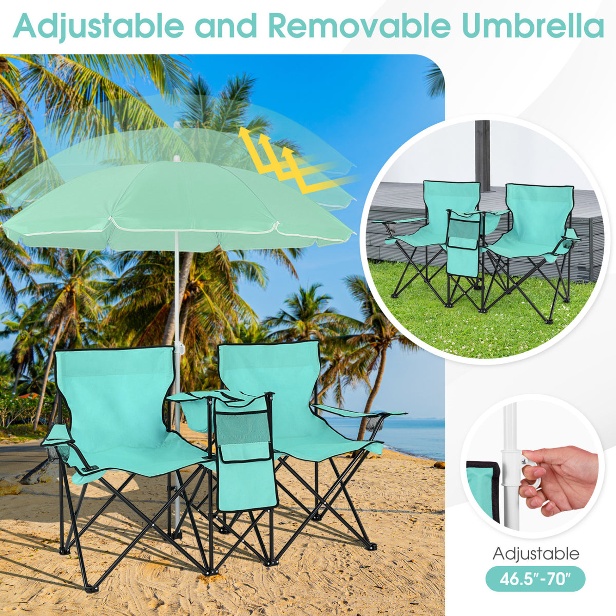 Portable Folding Picnic Double Chair With Removable Umbrella-Mint Green view 6
