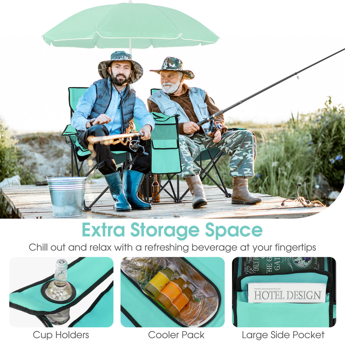 Portable Folding Picnic Double Chair With Removable Umbrella-Mint Green view 7