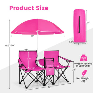 Portable Folding Picnic Double Chair With Removable Umbrella-Pink view 4