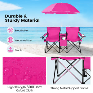 Portable Folding Picnic Double Chair With Removable Umbrella-Pink view 5