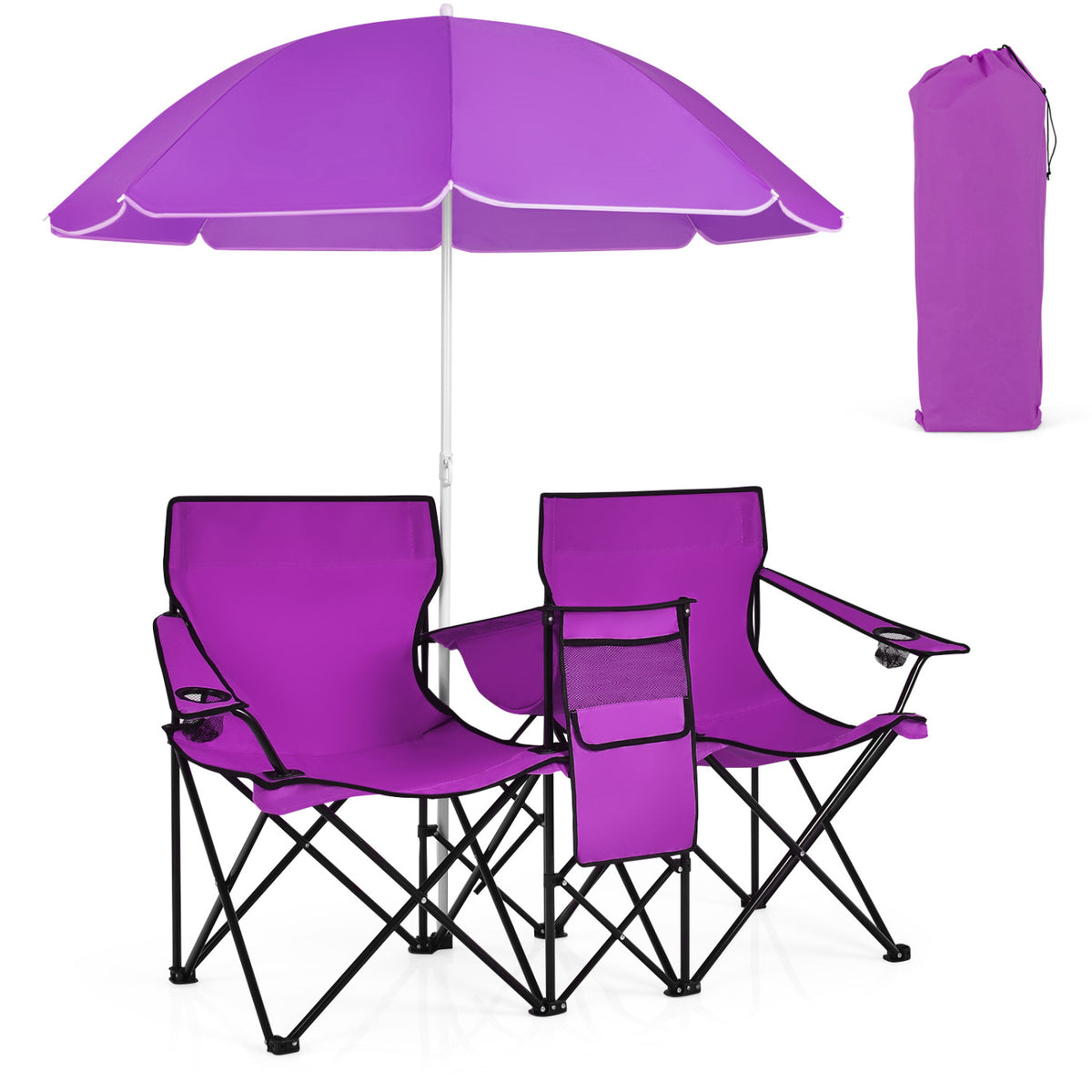 Portable Folding Picnic Double Chair With Removable Umbrella-Purple