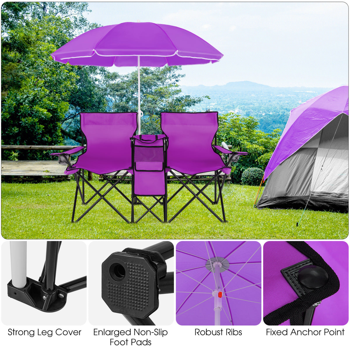 Portable Folding Picnic Double Chair With Removable Umbrella-Purple view 5