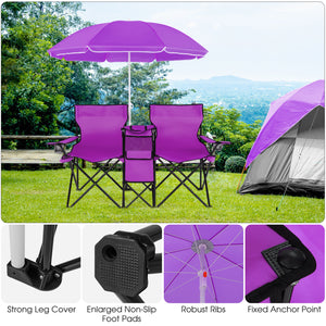 Portable Folding Picnic Double Chair With Removable Umbrella-Purple view 5