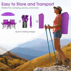 Portable Folding Picnic Double Chair With Removable Umbrella-Purple view 8