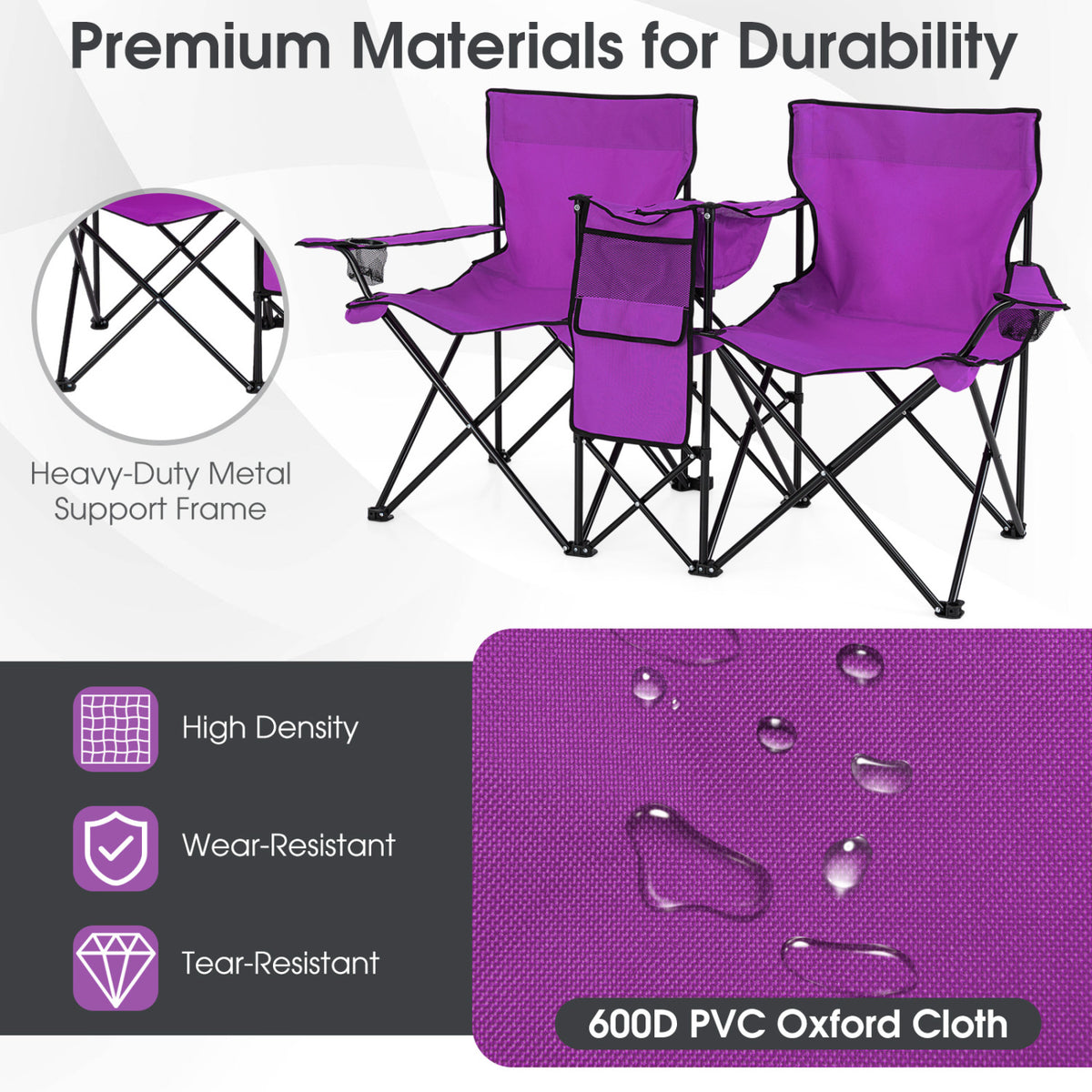 Portable Folding Picnic Double Chair With Removable Umbrella-Purple view 9