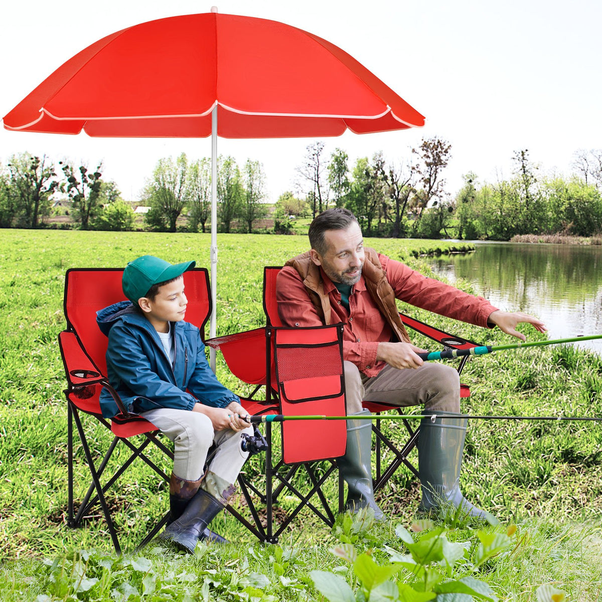 Portable Folding Picnic Double Chair With Umbrella-Red view 2