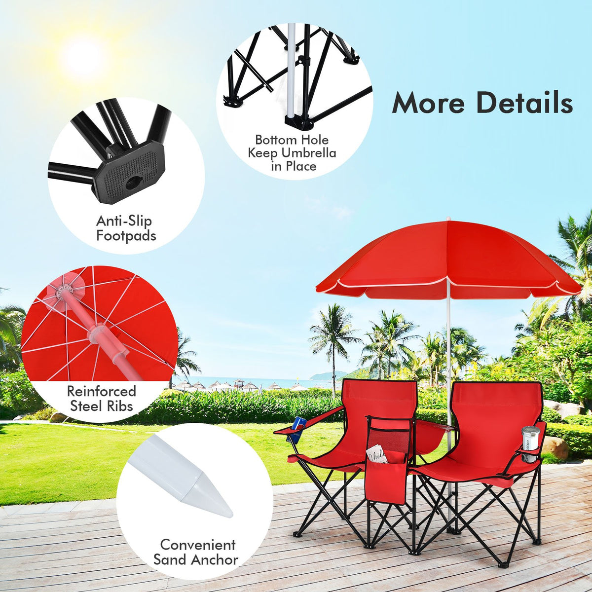 Portable Folding Picnic Double Chair With Umbrella-Red view 5