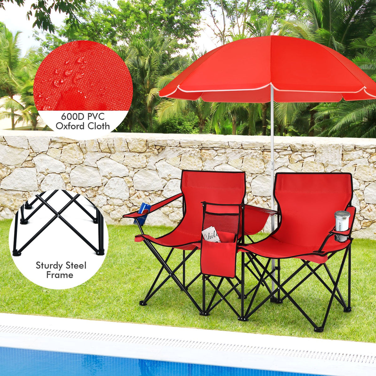 Portable Folding Picnic Double Chair With Umbrella-Red view 6